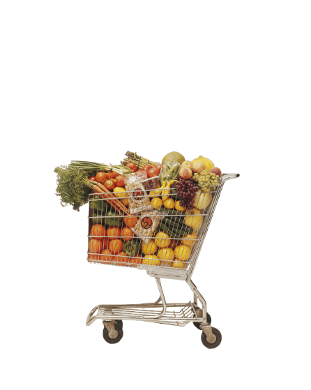 A shopping cart filled with fresh produce